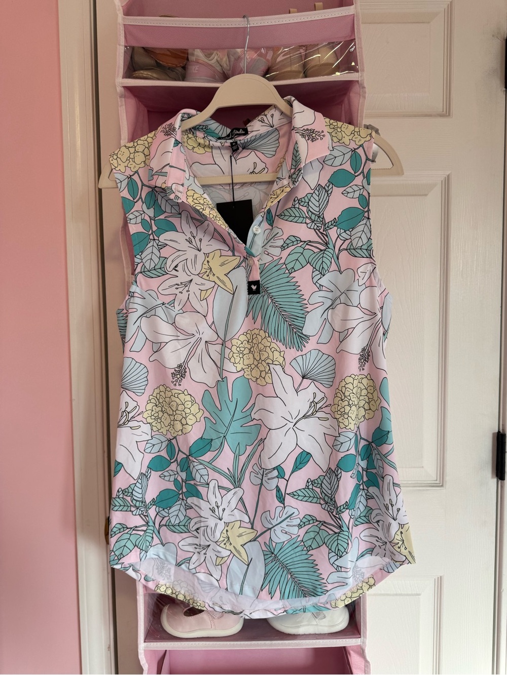Bad Birdie Pink Tropical Floral Sleeveless golf polo